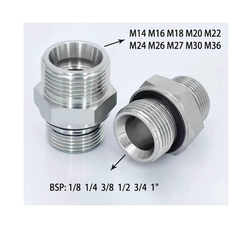 Workhorse Imperial To Metric Hydraulic Transition Fitting, Male Thread Adapter From One Eighth To One Inch, Cone Style BSP To Metric M26x1.5, Carbon Steel, Silver Finish, Three Quarter Inch Port; silver BSP-to-metric adapter