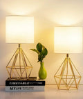 Gold Table Lamps Set Of 2 Dope End Table Lamps With White Fabric Shades, Compact Geometric Metal Base, Modern Desk Light.