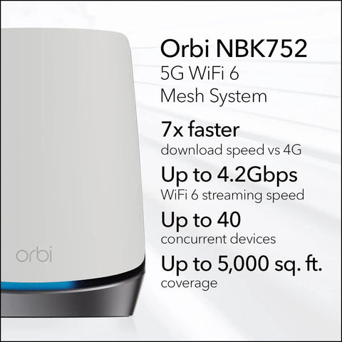 Orbi 5G Tri-Band WiFi 6 Mesh System With Router And 1 Satellite Extender For Up To 5,000 Sq Ft And 40 Devices AX4200 Up To 4.2Gbps Built For Fast No-Fuss Home Internet With Major Carriers product features image.