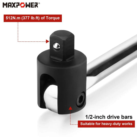 Close-up of 30 inch breaker bar with one half inch drive flex handle delivers up to 378 ft lb torque for heavy duty loosening.