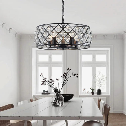 Five Light Drum Crystal Chandelier With K9 Crystals In Rustic Retro Style Ceiling Pendant above a dining table.