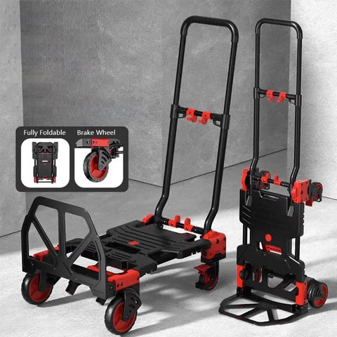 Versatile Folding Hand Truck Dolly For Home And Car Hauling, Converts From Flatbed To Trolley, Compact Portable Flatbed Hauler For Moving Luggage, Boxes, Groceries, And More, black metal, foldable with brake wheels