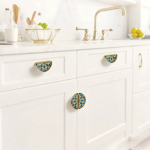 Straight Up Stunning Floral Tile Cabinet Handles, 2 Pack Semicircle Drawer Pulls on white kitchen cabinets.