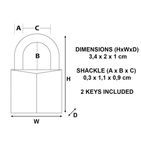 Diagram of Two Pack Of Solid Body Padlocks, Three Quarter Inch Width, Keyed Alike, with dimensions and steel shackle details