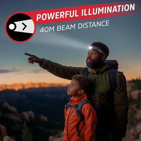 Man and child pointing while wearing Two Pack Universal LED Headlamps With Batteries Included For Outdoors Camping Hiking And Emergency Use Ultra Bright Hands Free Light For Night Adventures IPX4 Water Resistant Lightweight And Comfortable Headlamps in outdoor twilight setting.