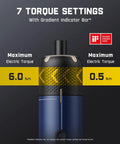 Close-up of Heavy Duty Cordless Electric Screwdriver Set With Badass Precision Torque Control showing 7 torque settings.