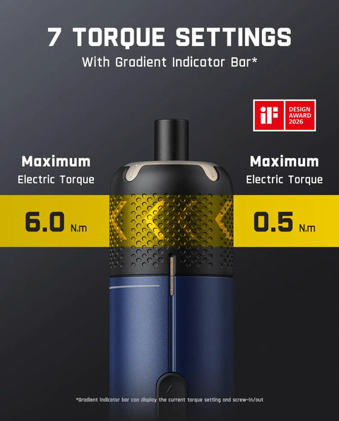 Close-up of Heavy Duty Cordless Electric Screwdriver Set With Badass Precision Torque Control showing 7 torque settings.