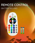 Sunset Lamp Projector With Remote 13 Color Multicolor Night Light For Bedroom Vibe And Ambience Modern Sunrise Projection USB Powered Mood Light For Sleep Kids And Adults Ideal Gift For Aesthetic Photography And Decor with remote control and batteries.