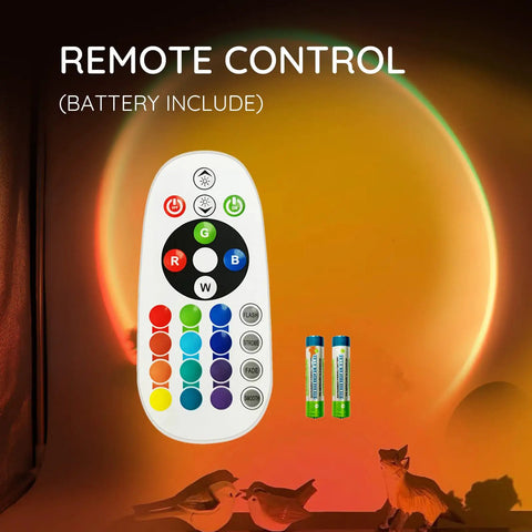 Sunset Lamp Projector With Remote 13 Color Multicolor Night Light For Bedroom Vibe And Ambience Modern Sunrise Projection USB Powered Mood Light For Sleep Kids And Adults Ideal Gift For Aesthetic Photography And Decor with remote control and batteries.
