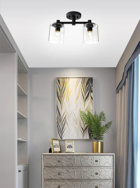 2-Light Industrial Glass Shade Semi Flush Mount Ceiling Fixture in modern hallway decor