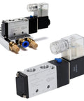 Internally Piloted 5 Way 2 Position Pneumatic Solenoid Valve, DC 12V Control For Reversing Air Flow In Industrial Automation And Fluid Power Systems, Beefed-Up Build, Durable, Reliable, Easy Install, Heavy Duty Performance, shown in silver and black with connectors.