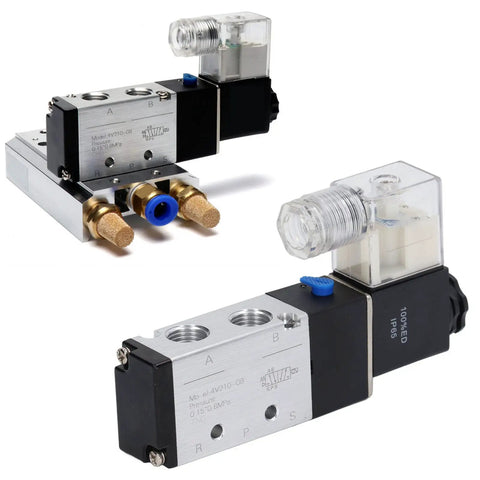 Internally Piloted 5 Way 2 Position Pneumatic Solenoid Valve, DC 12V Control For Reversing Air Flow In Industrial Automation And Fluid Power Systems, Beefed-Up Build, Durable, Reliable, Easy Install, Heavy Duty Performance, shown in silver and black with connectors.
