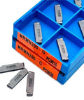 Top Tier 10 Pcs MRMN Turning Inserts PC9030 For CNC Lathe And Carving Tools in blue storage box.