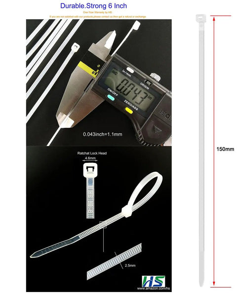 Heavy Duty 6 Inch Zip Ties 18 Lb Self Locking Nylon Tie 1000 Count Bulk close-up with caliper measurement