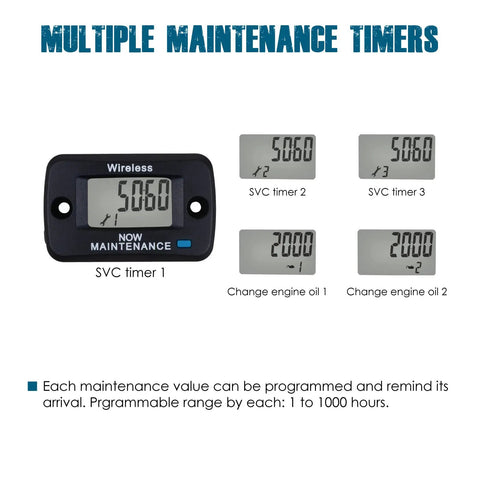 Digital Vibration Activated Hour Meter Gauge For Engine Hours Tracking And Maintenance Scheduling Keeps Tabs On Total And Run Time With Resettable Previous Hours Five Independent Maintenance Channels, black wireless unit