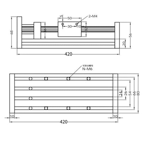 Heavy Duty Ball Screw Linear Stage With Nema 23 Stepper Motor, 300mm Stroke, CNC Linear Guide Rail, Precise 0.03mm Accuracy, 40 to 100mm Per Second Speed, 12mm Ball Screw, 4mm Lead, Handles 30 to 50 kg Horizontal, 15 kg Vertical technical drawing, 420mm length