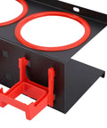 Close-up of Rock Solid Iron Spray Bottle Storage Rack featuring five heavy duty hooks, showing red ring details and mounting bracket.