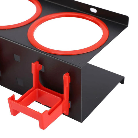 Close-up of Rock Solid Iron Spray Bottle Storage Rack featuring five heavy duty hooks, showing red ring details and mounting bracket.
