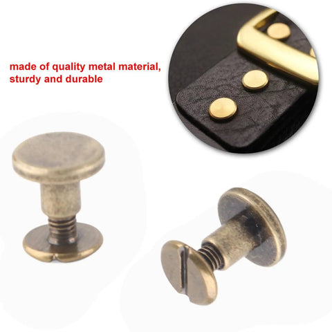Forty Brass Flat Head Button Studs Feature Screw On Chicago Screws Ideal For Rugged Leather Belt Bag Shoes And Bookbinding Work Gives Badass Grip Quality With Slick Rust Shield Plating Comes In 5 6 5 And 8 Mm Fits, showing metal rivets on leather.