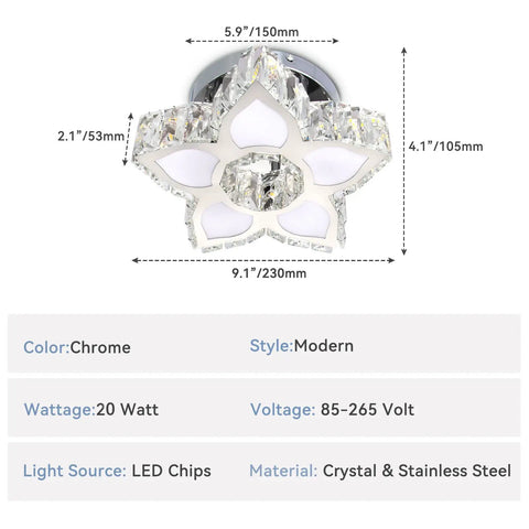 Crystal Flower Chandelier Modern LED Ceiling Light Fixture Flush Mount for Bedroom Living Room Dining Room Foyer, 29W