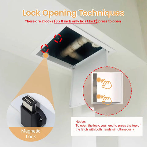Heavy Duty Drywall Access Panel 14 By 14 Inch Wall Hole Cover with magnetic lock opening method displayed.