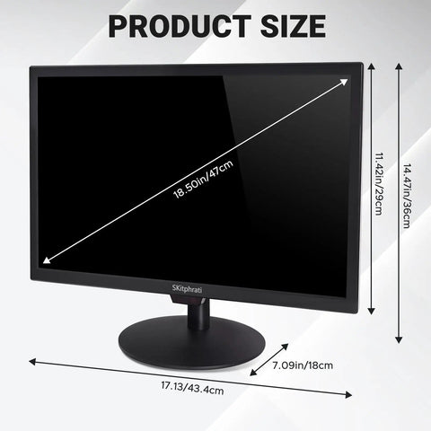 19 Inch HD 1440x900 LED Computer Monitor With Built In Speakers, featuring product dimensions and measurements.