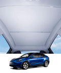 Sunshade roof panel for Tesla Model Y (2020–2024), foldable gray glass cover, UV blocking, interior view