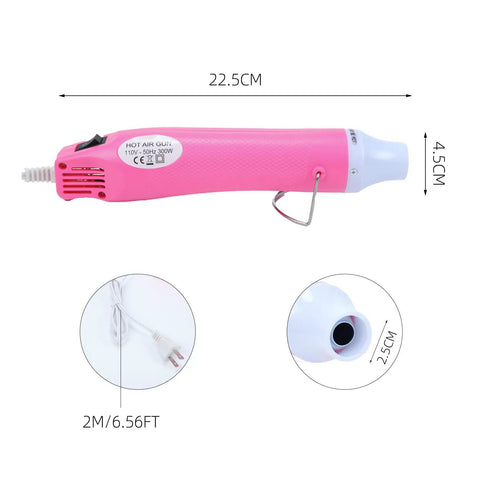 DIY Heat Gun For Crafting And Home Projects, 110V 300W Handheld Hot Air Tool in pink shown with dimensions and 3.28Ft cable.