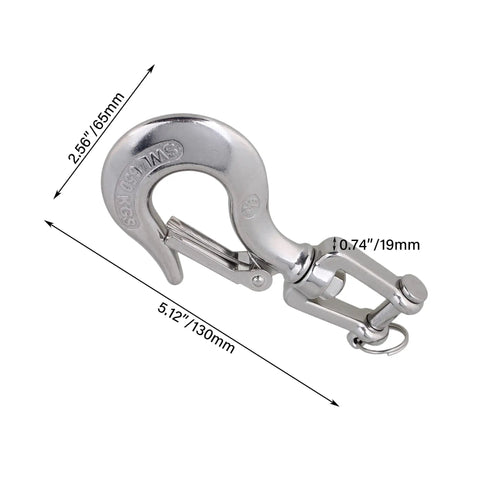 American Style 304 Stainless Steel Swivel Lifting Hook With Safety Latch, 5.12 inch long, 2.56 inch width for boat trailer winch cables.
