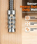 Close-up of Heavy Duty 6X14MM Short Expansion Screw Set Rock Solid Wall Anchors in wood, showing secure hold features.
