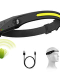 LED Rechargeable Headlamp With 230 Degree Wide Beam And Motion Sensor Five Modes 350 Lumens Lightweight Sweatproof Headlight