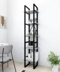Concrete Grey 5-Tier Industrial Book Cabinet with metal frame and engineered wood shelves in a modern living room setup.