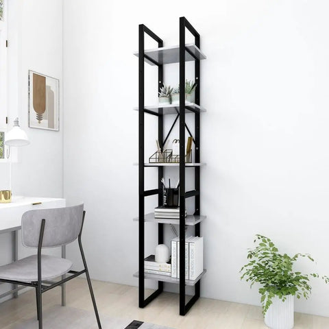 Concrete Grey 5-Tier Industrial Book Cabinet with metal frame and engineered wood shelves in a modern living room setup.