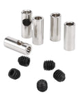 Lybunair 3.175mm to 5mm pinion gear adapter kit: silver aluminum sleeves and black rubber caps for RC motor shafts.