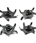 Replacement 4-pack of 6-tooth cultivator tines for Ryobi 18V ONE+ P2750 P2705BTL P2750VNM deep tilling, viewed from top angle.