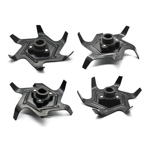 Replacement 4-pack of 6-tooth cultivator tines for Ryobi 18V ONE+ P2750 P2705BTL P2750VNM deep tilling, viewed from top angle.
