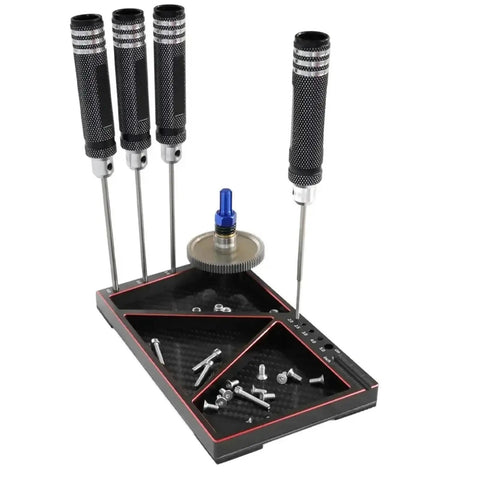 Built Different Carbon Fiber And Steel Multitask Screw Tray For Rc Crawlers Featuring Magnetic Gasket Nut Organizer Upgraded Modify Repair Tool Accessory Kit with screws and tools.