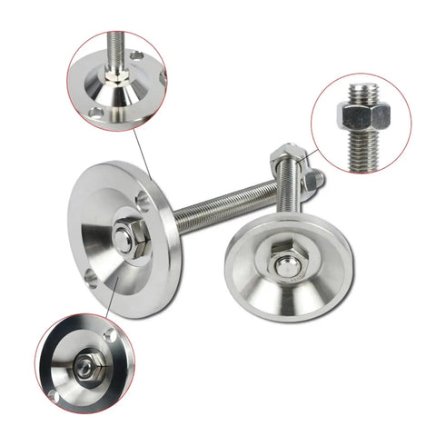 Built Like A Tank Adjustable Leveling Feet 2 Pack Top Shelf 304 Stainless Steel Swivel Furniture Glides close-up of smooth steel bases and threaded rods.