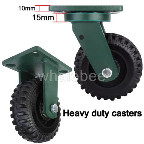 Built Different Heavy Duty Rubber Caster Wheels Set Of 4 With Locking Brakes And Roll Like Butter Swivel Design close-up view of caster wheels with 10mm thick steel.