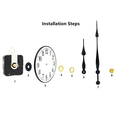 Beefy High Torque Clock Movement Kit With Long Shaft And 12 Inch Spade Hands installation components layout