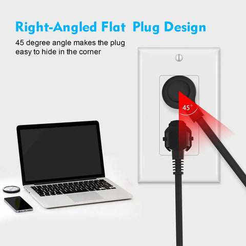 8-Outlet Surge Protector Power Strip With Flat Plug And 4.5 Foot Extension Cord, angled plug in wall outlet next to laptop