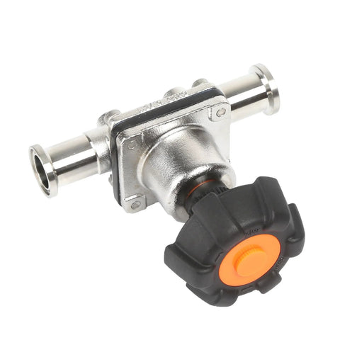 QiiMii SS316L tri-clamp mini diaphragm valve, 3/4 in, EPDM-PTFE membrane, stainless body, orange center knob