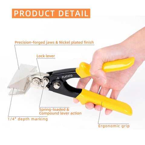 Platato 3-inch hand seamer for sheet metal; nickel-plated jaws and ergonomic yellow grips