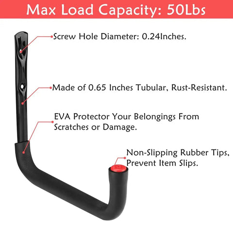 Close-up of a Heavy Duty Garage Storage Ladders Hooks Set 6 Pack Wall Mount Hangers That Hold Up To 50 Pounds, showing design features.