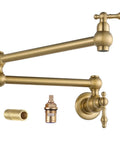 Gold Pot Filler Faucet Wall Mount Copper Folding Faucet With Two Handles And Double Joint Swing Arms For Over Stove, Single Hole Brass Commercial Kitchen Faucet In Elegant Brushed Gold Finish With Solid Brass Construction Built To Last showing faucet components