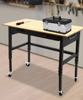 Heavy Duty Rolling Workbench Adjustable Height Rock Solid Steel Base Durable Hardwood Top Smooth Glide Casters Tool Cart For Garage Workshop Home Flex Setup with toolbox and screwdriver on top.