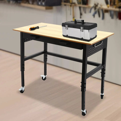 Heavy Duty Rolling Workbench Adjustable Height Rock Solid Steel Base Durable Hardwood Top Smooth Glide Casters Tool Cart For Garage Workshop Home Flex Setup with toolbox and screwdriver on top.