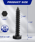 60 Pack One Quarter Inch By One And A Half Inch Hex Head Lag Screws For Wood 304 Stainless Steel Black Finish Hex Head Bolts