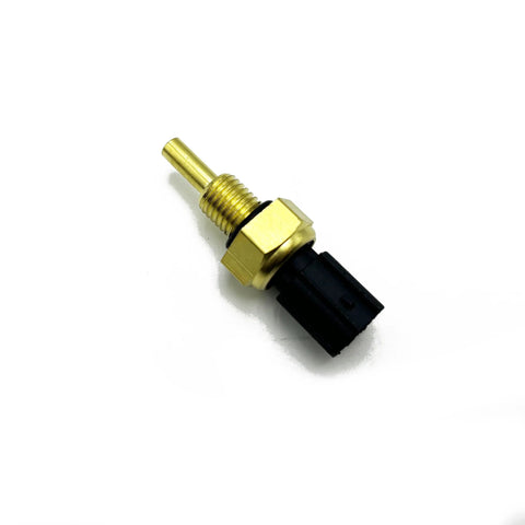 Engine coolant temperature sensor with brass threaded probe and black plastic connector, side view