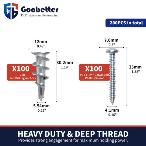 DIY Drywall Anchors And Screws Kit With 200 Self Drilling Anchors And 100 Zinc Sheetrock Anchors And 100 No 8 By One And A Quarter Inch Screws